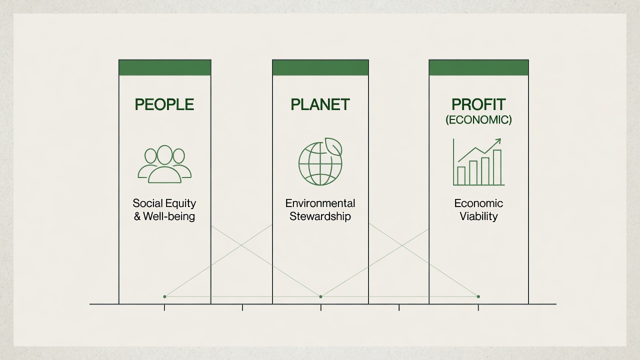 Editorial diagram showing the three pillars of sustainability: People, Planet and Profit in balanced columns with clean lines