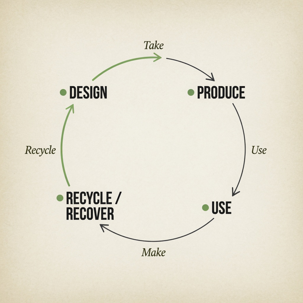 Minimalist circular economy loop diagram showing the continuous cycle of design, make, use and regenerate materials