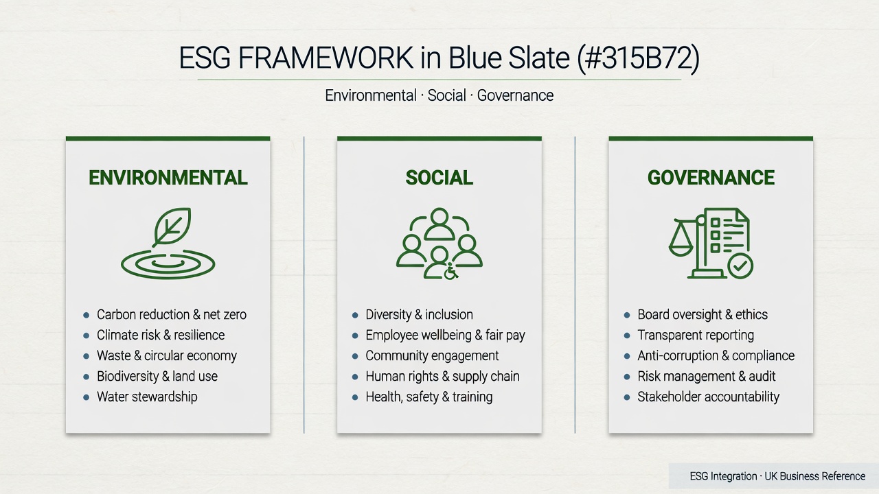 Editorial diagram of the ESG framework with Environmental, Social and Governance components
