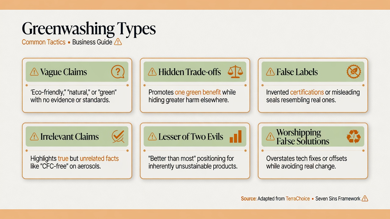 Clean editorial grid showing common types of greenwashing with short descriptions