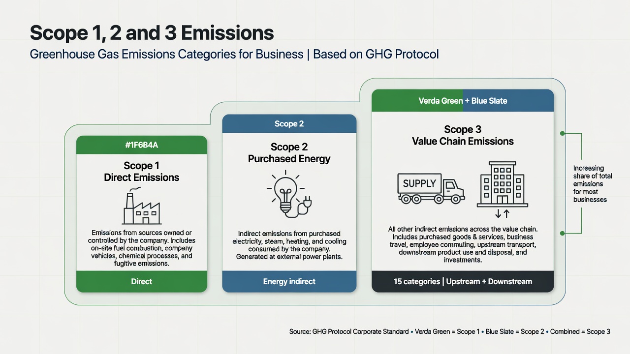 Clean editorial diagram illustrating Scope 1 (direct operations), Scope 2 (purchased energy) and Scope 3 (value chain) emissions with icons and hierarchy
