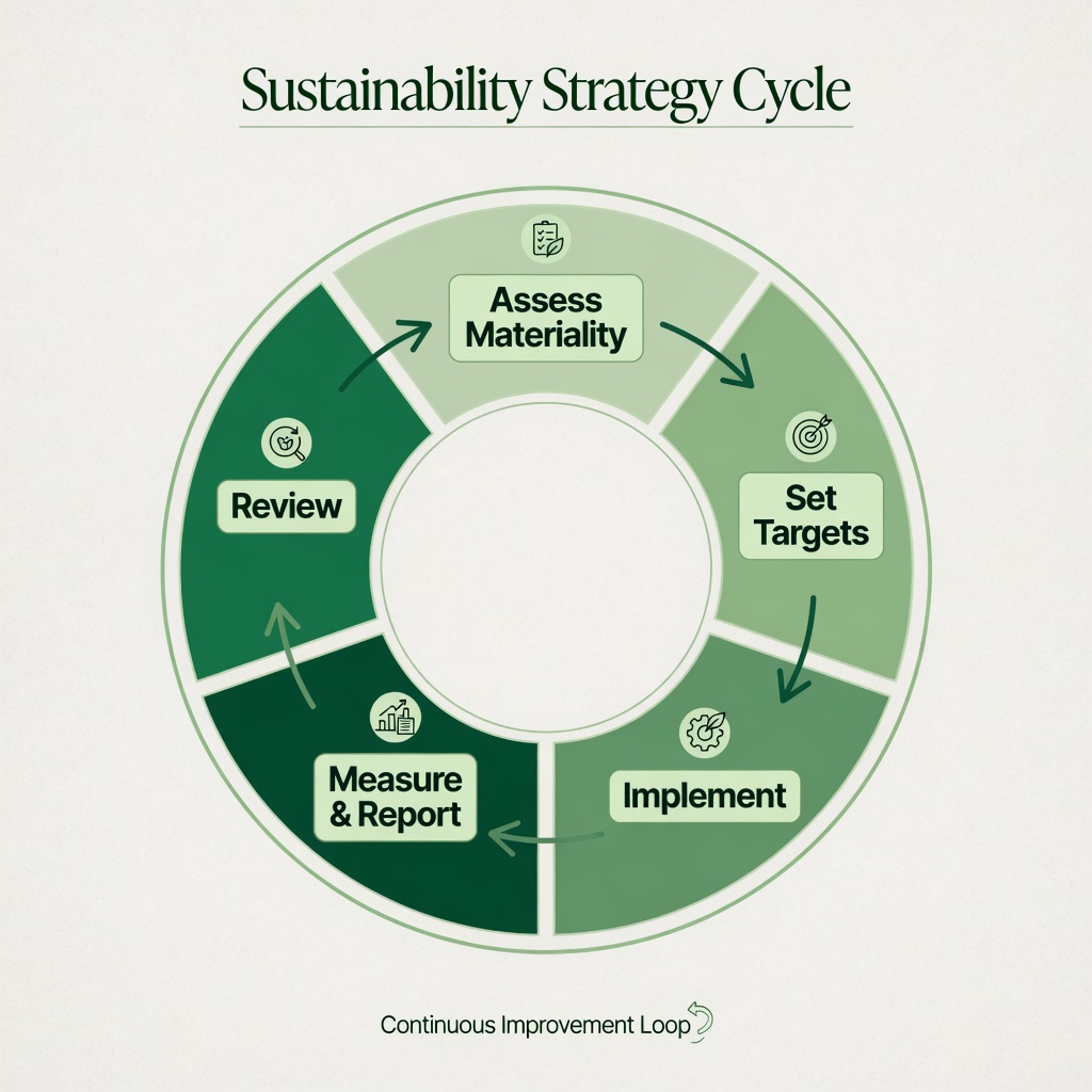 Clean editorial diagram of the business sustainability strategy cycle with key steps