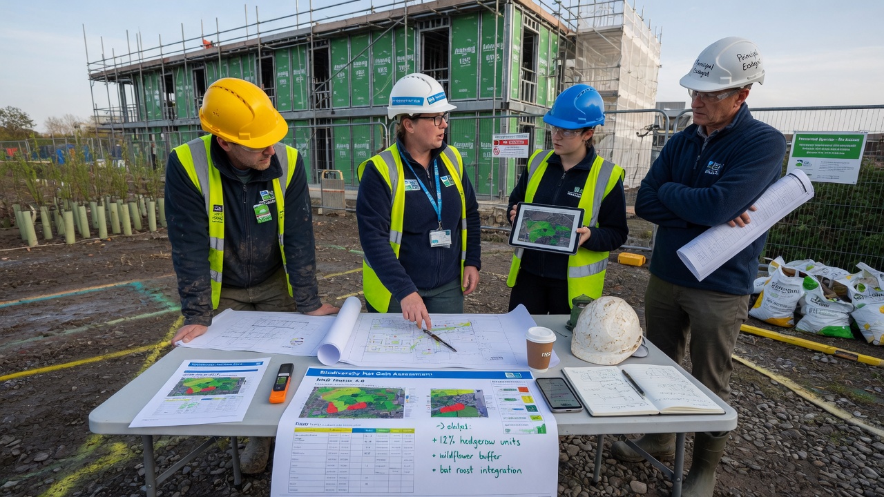 UK construction team reviewing site plans outdoors with natural light, representing biodiversity net gain in development