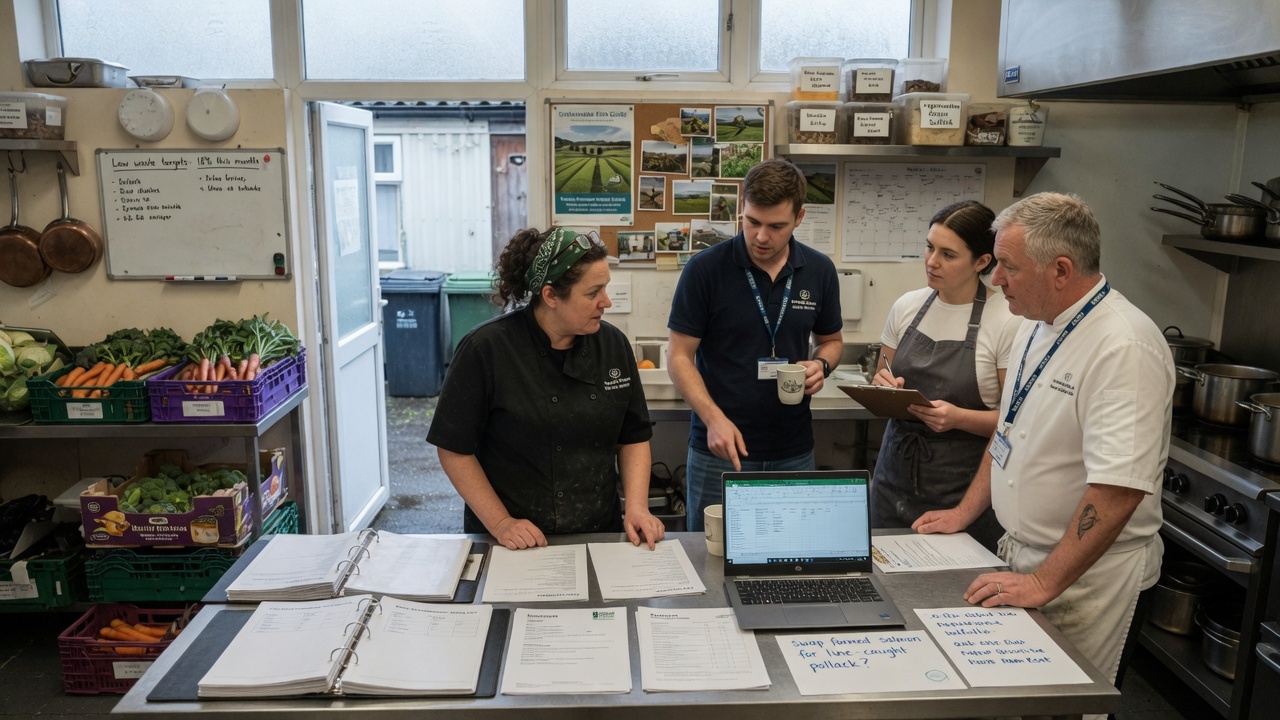 UK hospitality team in a professional setting discussing sustainable catering and event practices